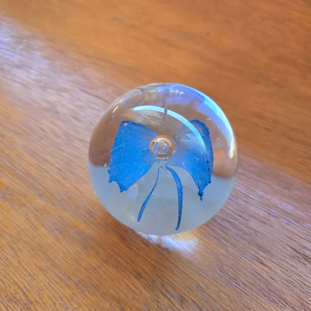 Vintage Art Glass Round shape Paperweight Blue Flower Clear